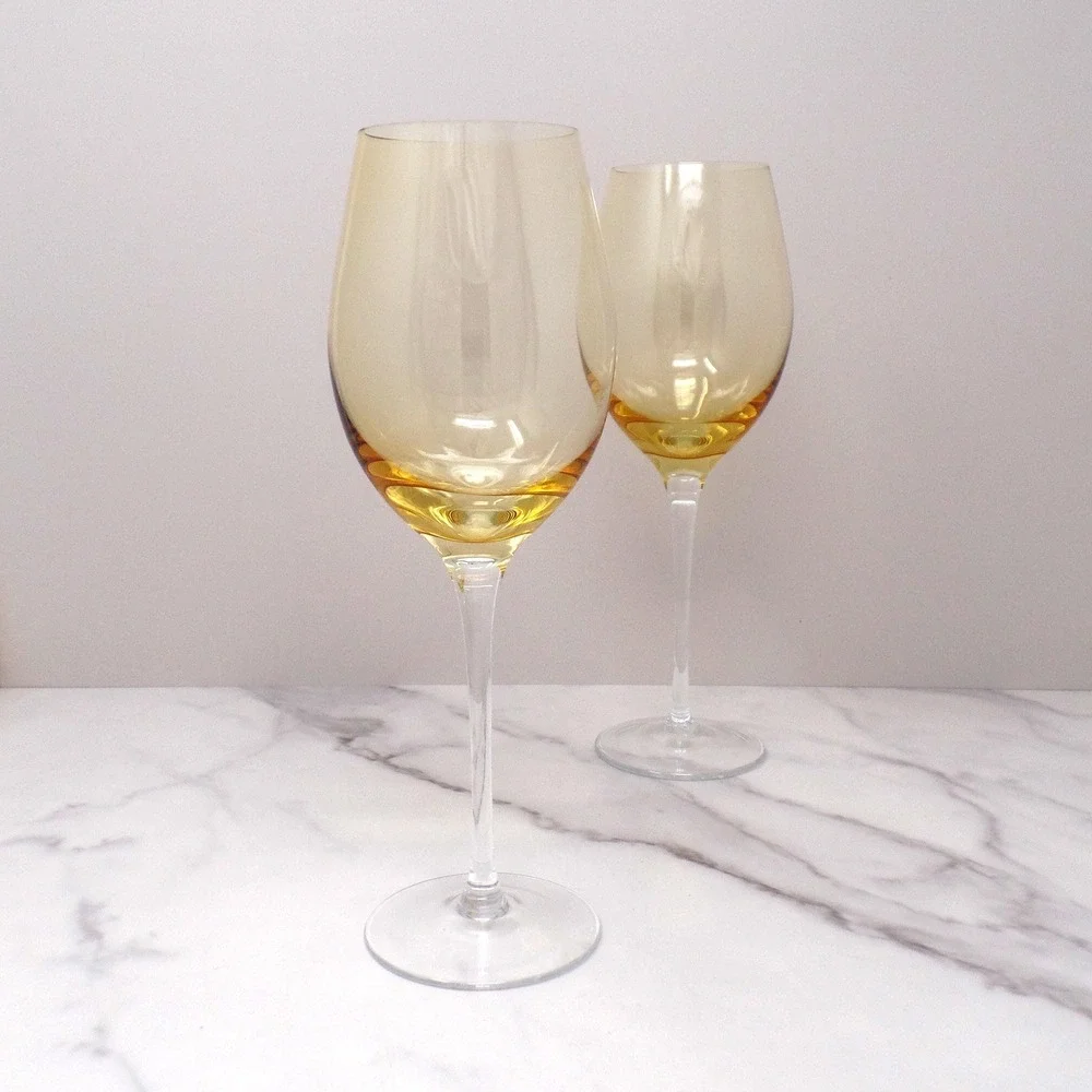 Vintage Yellow & Clear Handblown Wine Glass, set of 2